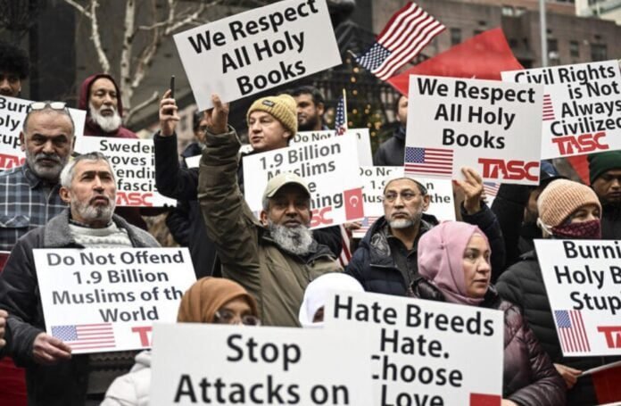Muslims protest against the burning of Islamic holy book in Sweden