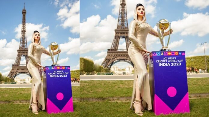Urvashi Rautela with Cricket World Cup Trophy at Eiffel Tower