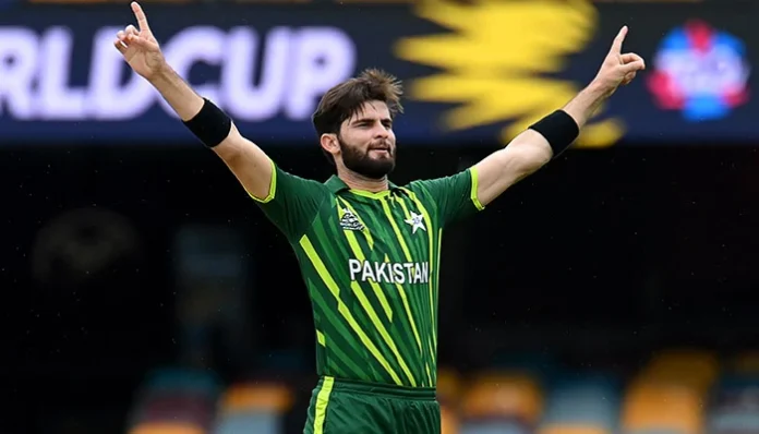 Shaheen Afridi celebrates after dismissing Virat Kohli and Rohit Sharma