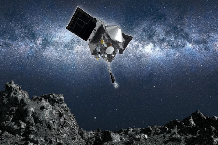 Osiris-Rex spacecraft collecting a sample from asteroid Bennu