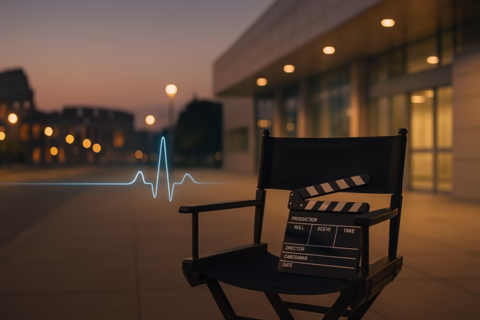 Director chair in Rome with a glowing ECG line that signals an AFib treatment update for Francis Ford Coppola